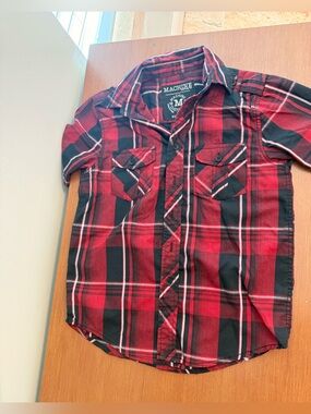 Machine Boys' Red Plaid Button-Up Shirt, Size Medium